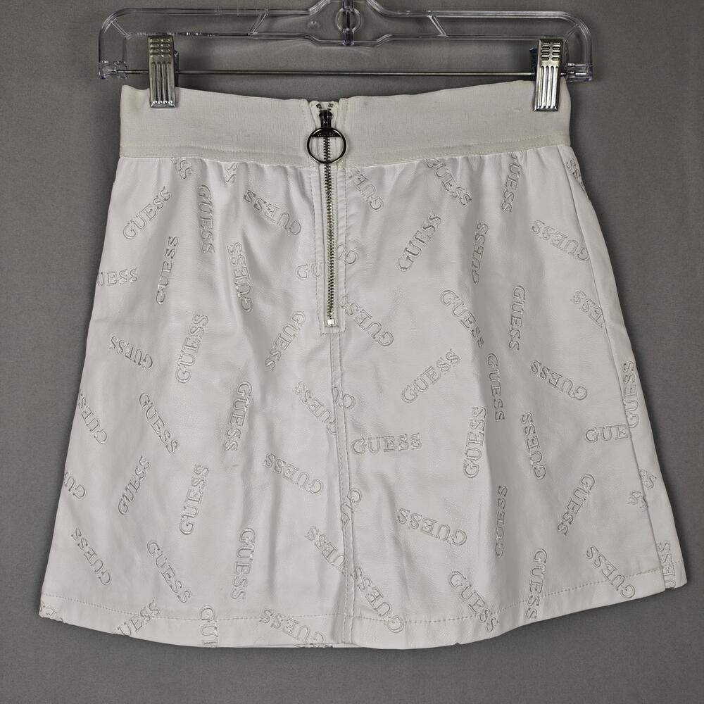 Guess Skirt Womens 14 White Logo Embroidered Faux Leather Mini Ring Zip Front